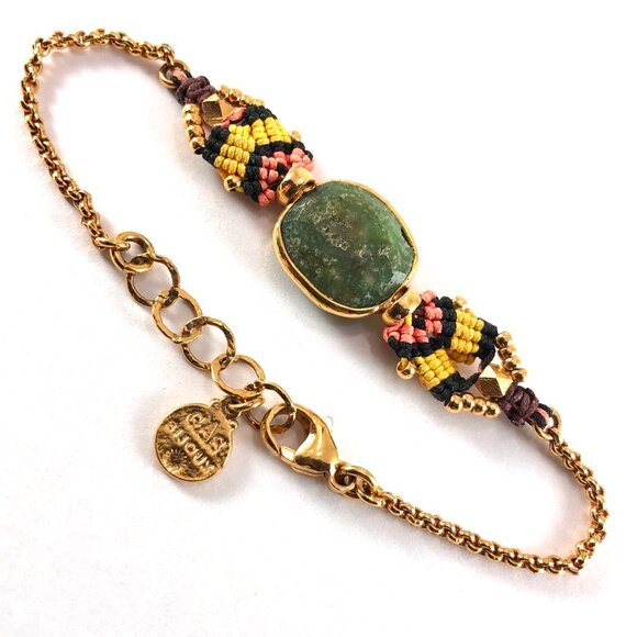 Gas Bijoux chain bracelet gold tone macrame with bezel set faceted green stone - Picture 1 of 11